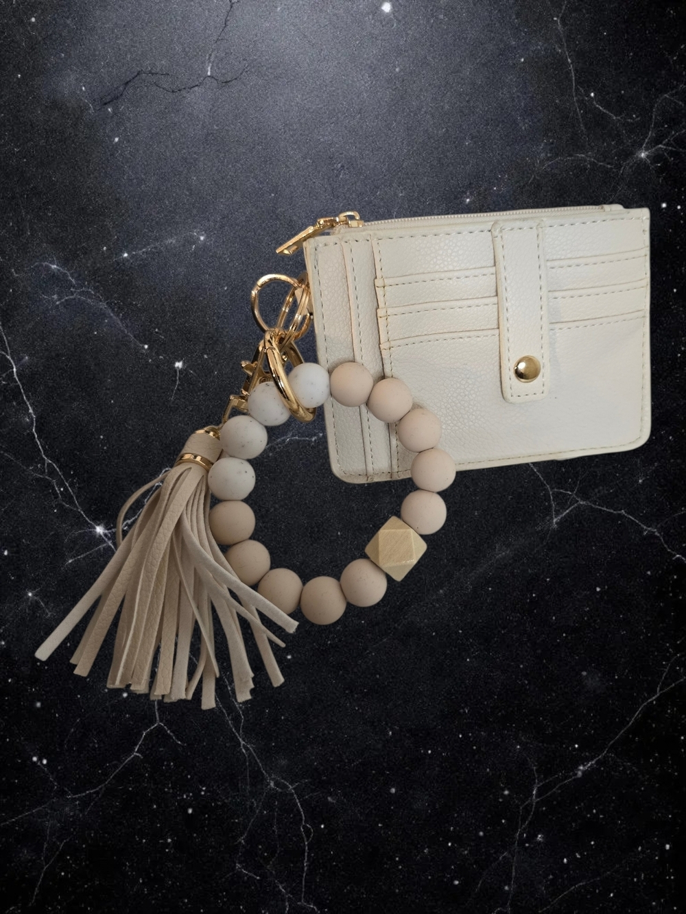 NWOT Neutral Wristlet Keychain Wallet w/ Card Holder, Tassel & Beaded Bracelet